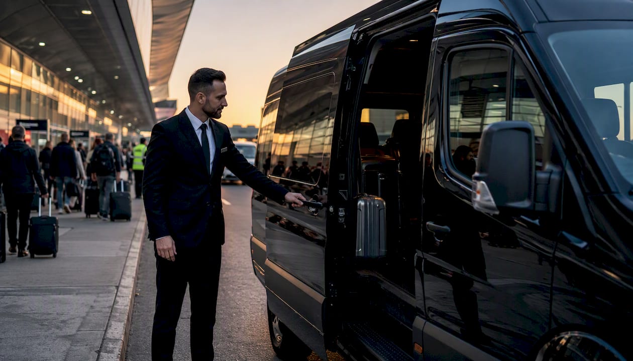Chauffeur opening door of black branded Sprinter at LAX curb