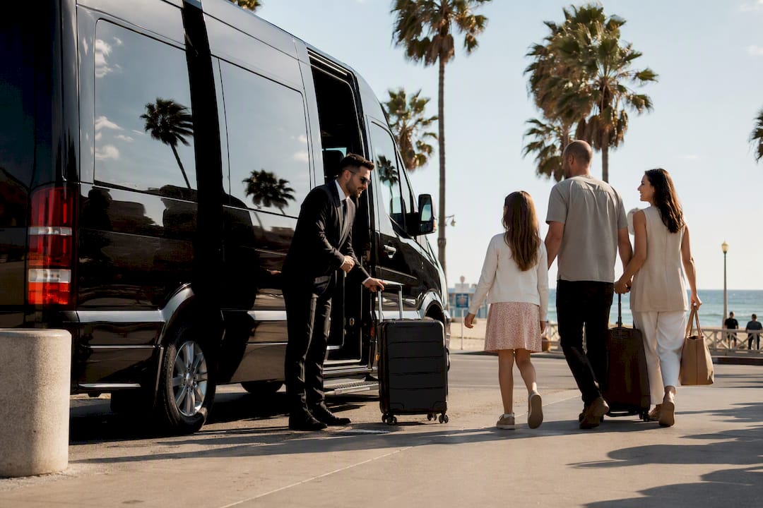 Chauffeur opening door of Ascend in Motion Sprinter at LAX curbside