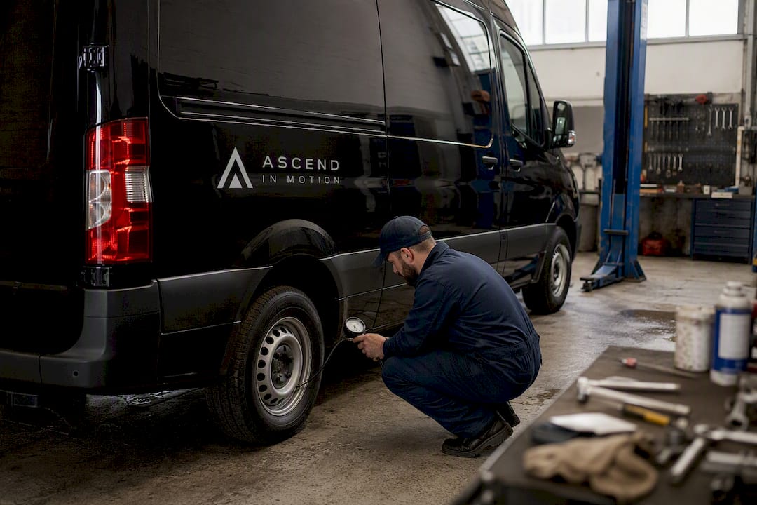 Mechanic checking tire on Ascend in Motion Sprinter