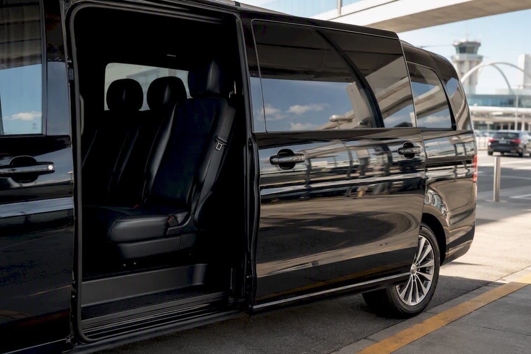 Black Ascend minivan shuttle waiting at airport lot