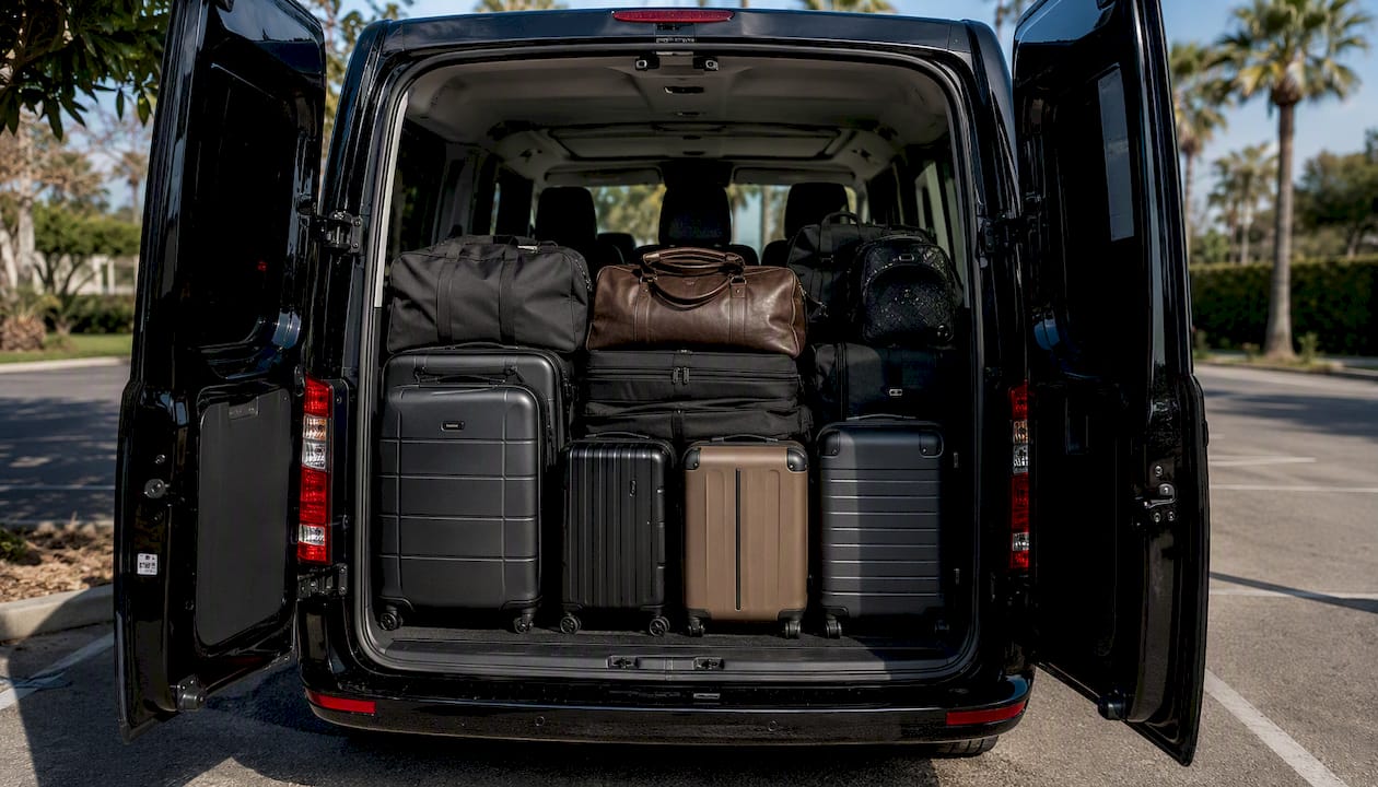 Luggage arranged in minivan cargo area