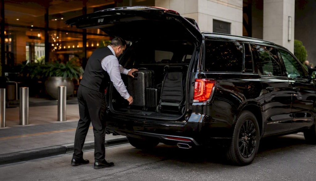 Chauffeur loading luggage into branded minivan
