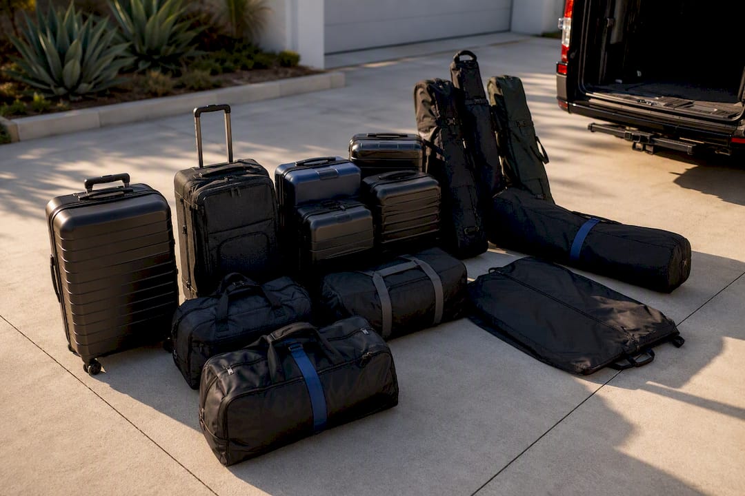 Sorted luggage staged beside Sprinter van