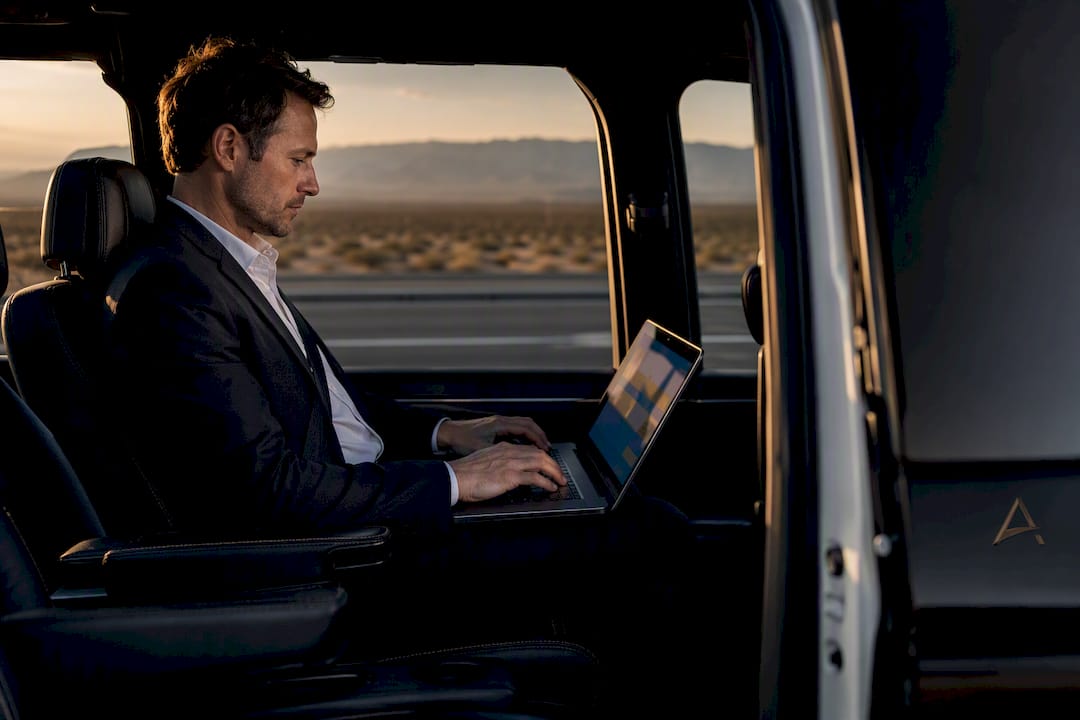 Traveler working during a chauffeur transfer