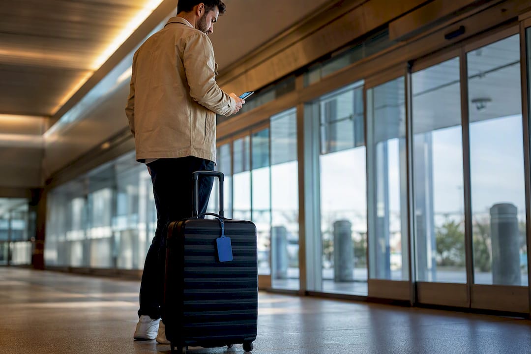 Traveler waiting with luggage at airport arrivals