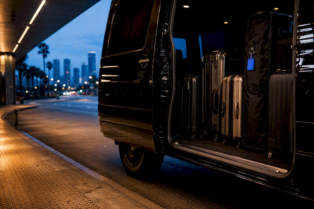 Black chauffeur van with packed luggage