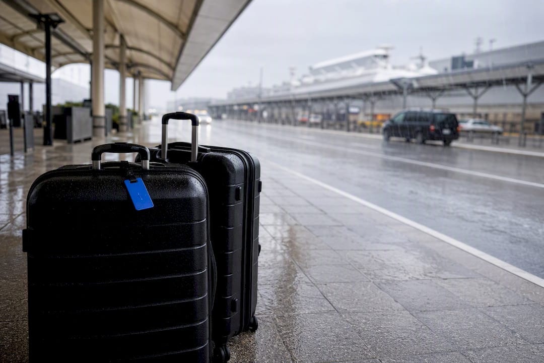 Suitcases waiting beside rainy cruise terminal