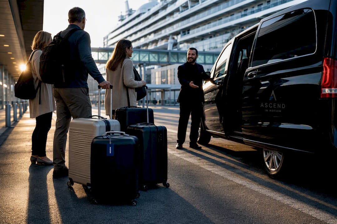 Passengers waiting at cruise terminal pickup lane