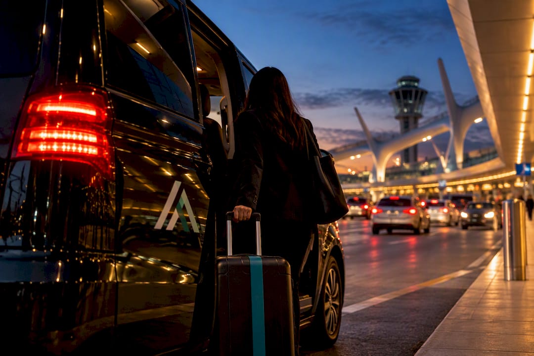 Black minivan leaving LAX at blue hour
