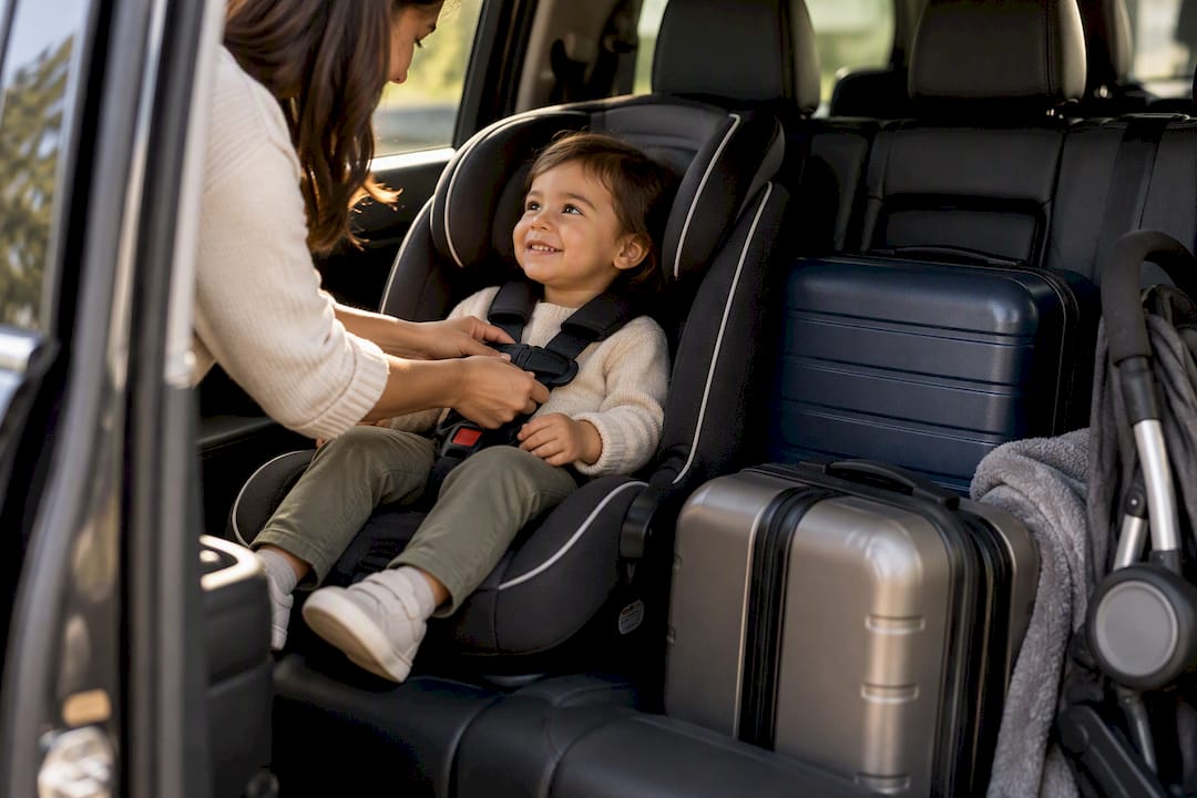 Car seat and luggage inside private transfer
