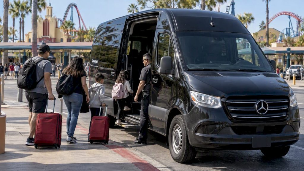 Black branded Sprinter awaiting family theme park transfer