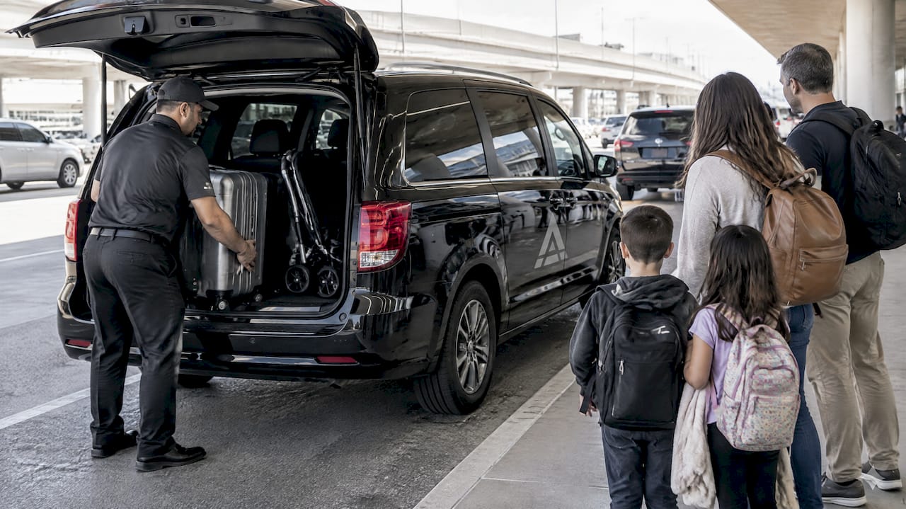 Family loading luggage into branded LAX transfer minivan